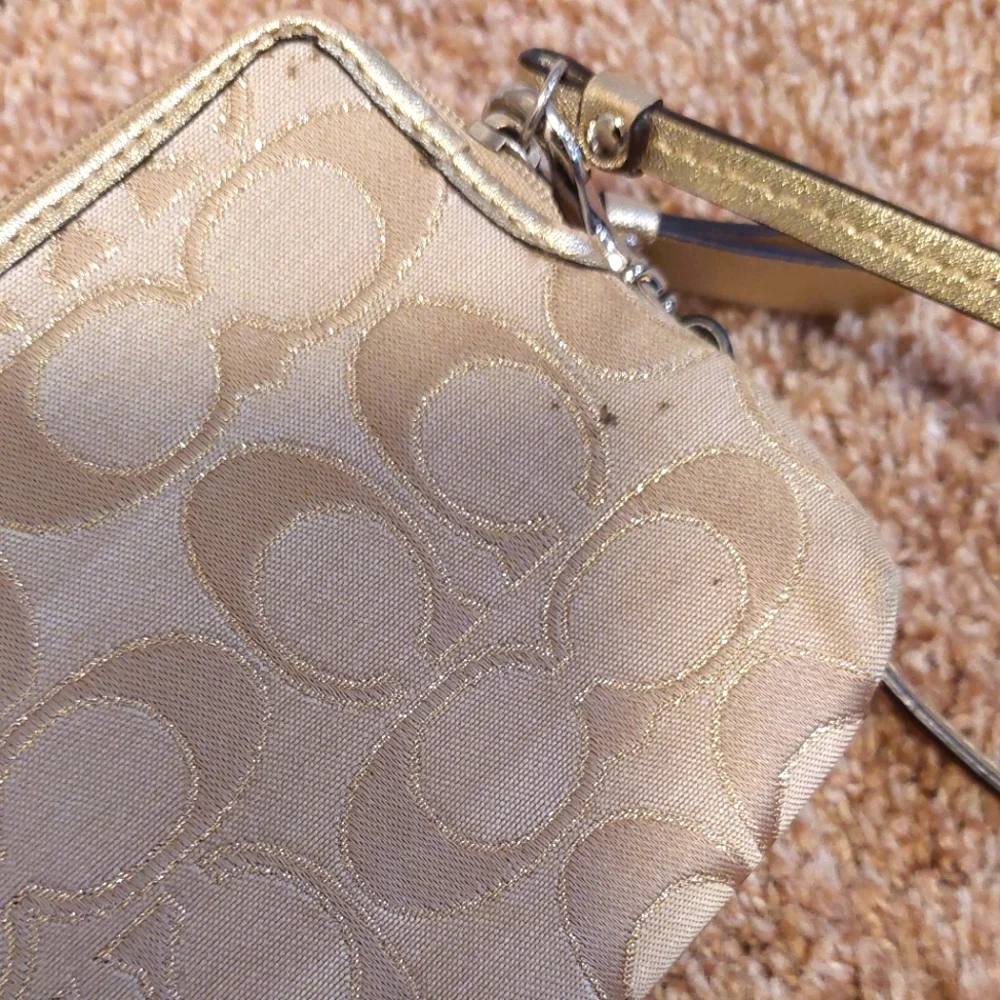 COACH Signature C Canvas and Metallic Leather 3 Pocket Large Wristlet